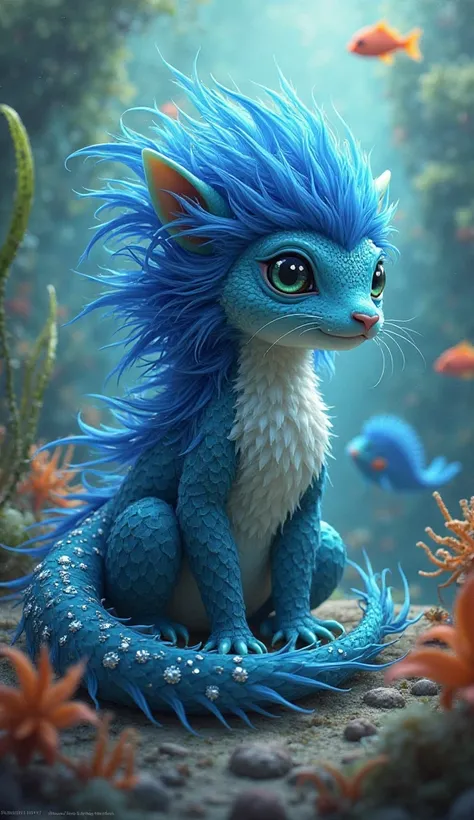 
A 20-year-old newt, ocean blue hair, midnight blue eyes, blue tail with silver decorations.