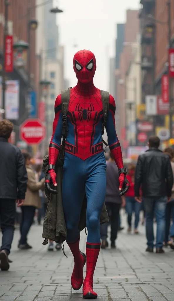 The scene opens with a skinny, lanky Spiderman walking down a bustling street. He looks awkward and out of place, with his oversized Spiderman suit hanging loosely on his frame. The environment is lively, with people going about their day, but Spiderman se...