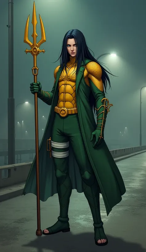 Create a detailed anime-style illustration of Hyuga Neji wearing Aquaman's costume, featuring his long black hair and white eyes. He is dressed in Aquaman's iconic yellow and green suit, holding a trident with three sharp points. The background is set on a...