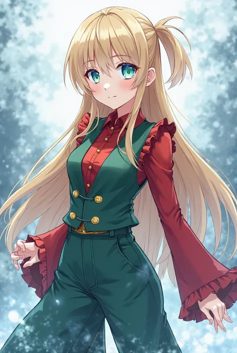 A blonde hunter, almost white but bright, blue eyes with green eye background,  white skin long hair with beautiful hairstyle, with a long blouse with ruffles on the long sleeves, a red blouse and a stylish green women&#39;s vest and large jeans with elast...