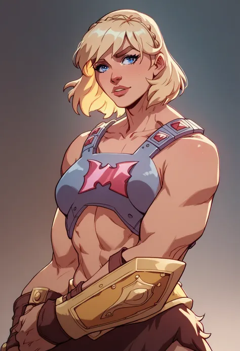 1girl, solo, medium hair, blonde hair, blue eyes, medium breasts, armor,he-man
