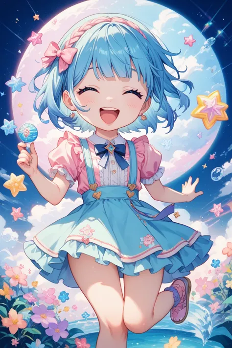 chibi, kawaii,blue hair,bob,laugh