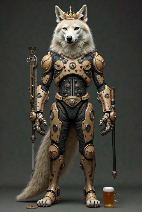 Wolf with human posture on the left leg a measuring tool and on the right leg a beer glass crowns with the clothing of a mechanical automobile uniform