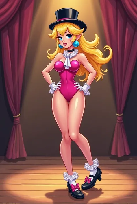 Cartoon sexy Princess Peach wearing a pink leotard, pink bow tie with a white collar around her neck, sharp black Mary Jane tap shoes, with white ruffled socks, tap dancing sexy on a wood board, her hands on her hips, tipping and wearing a black top hat, p...