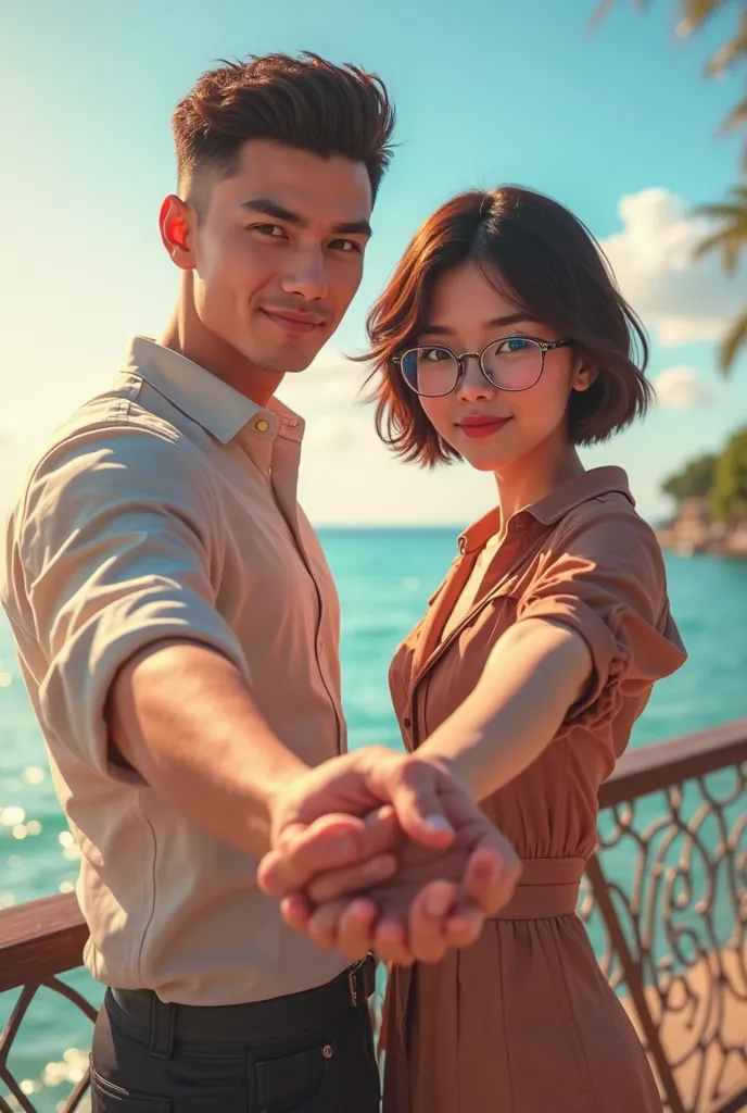 Couple on a date in mall of asia sea side, man description; clean cut hair , mascular, 5'7 height and girl description, short hair, fancy clothes, wearing transparent eye glasses, beautiful, 19 years old. Holding hands the left hand pointing the camera tog...