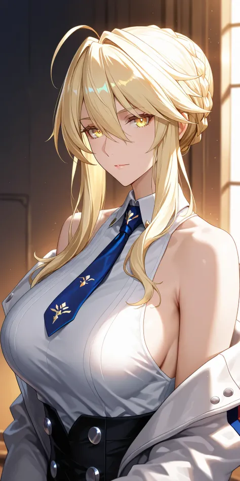 Masterpiece, very aesthetic, vibrant, high contrast, elegant mature woman, artoria pendragon (lancer) (fate), upper body, sleeveless collared shirt, off shoulder jacket, side boobs, tie, soft light, honkai: star rail cg style