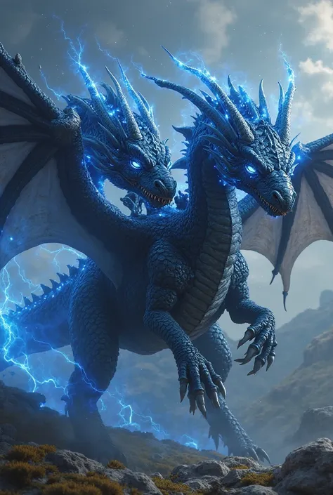 Black two-headed dragon with blue sparkles, completely white and shiny eyes, claws and long horns in electric blue, fierce, big,  impressive,  Realistic. That there is room on the back for a rider. The dragon is flying over a landscape