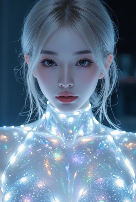 Vibrant, dreamlike postmodern digital painting of a mesmerizing cyber girl, her entire being composed of glowing, iridescent, and shimmering dichroic water, evoking an ethereal, ghostly aura. Her luminous form radiates a soft, gentle glow, with delicate, f...