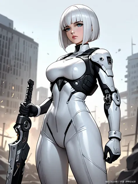  girls on the left　 Future People　white bob cut　 white bodysuit　Body Armor　Broken mechanical sword　The modern world