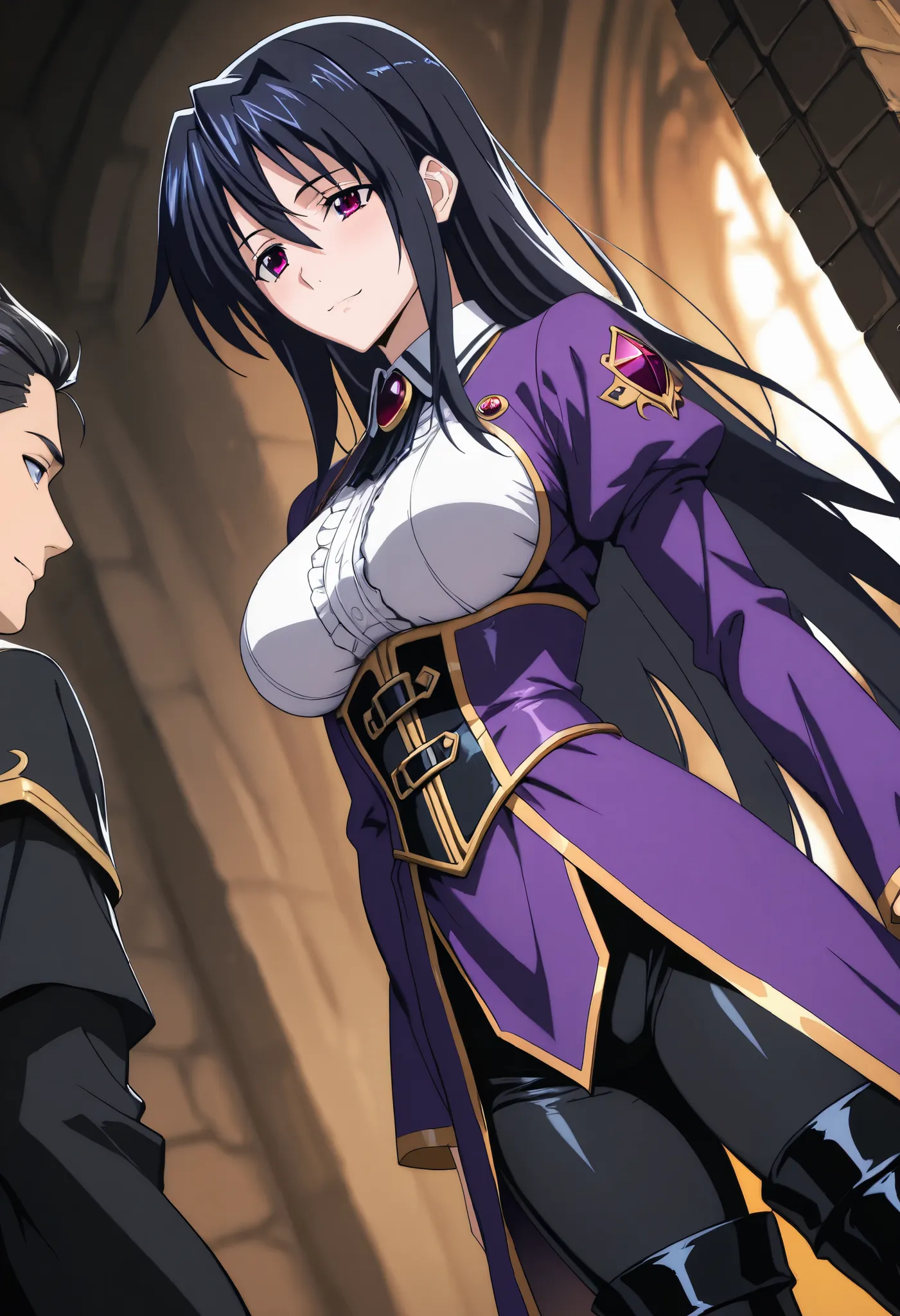 1 girl, ONLY one character, akeno himejima, sysdeep_akeno, long hair, black hair, hairless, loose hair, loose hair stylr, in a castle, medieval queen, medieval noble, black coat, black pants, black tight pants, black boots, thigh boots, black and purple ou...