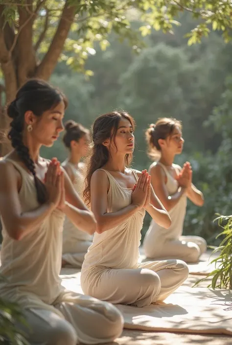 Let a few natural women doing yoga have elements of elegance and naturalness in the foreground