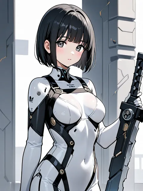  girls on the left　white bob cut　 white bodysuit　Body Armor　Broken mechanical sword