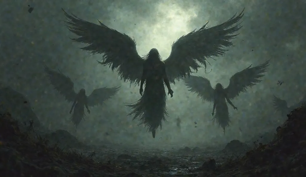 Angels fallen in a gloomy landscape, with details of a heavenly fall, Shadow figures, partially burned wings, dim lights, dark style.