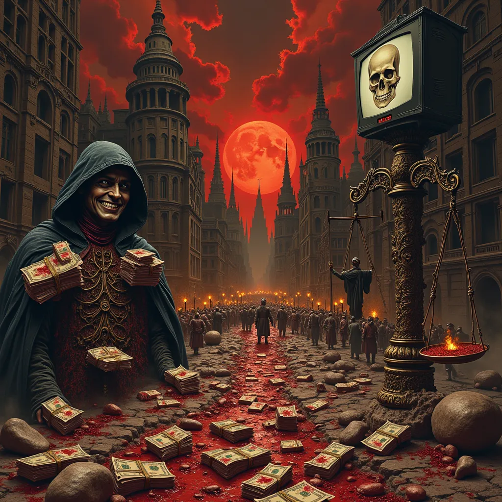 A dark and decadent city, with streets covered in bloody bills and ruined buildings. In the center, a hooded figure with a sinister smile holds bloodstained bundles of money, depicting corruption. Next to it, the statue of Justice lies broken and covered w...