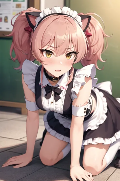  masterpiece, TOP QUALITY, high definition, jougasaki mika,twin tails, hair bow,pink hair,
,  hair bow,((Maid)),long skirt with low skin exposure,Cafe,White Knee-High Socks,  Cat ears, collar , embarrassed expression when peeing,, on all fours， Art ，((Lead...