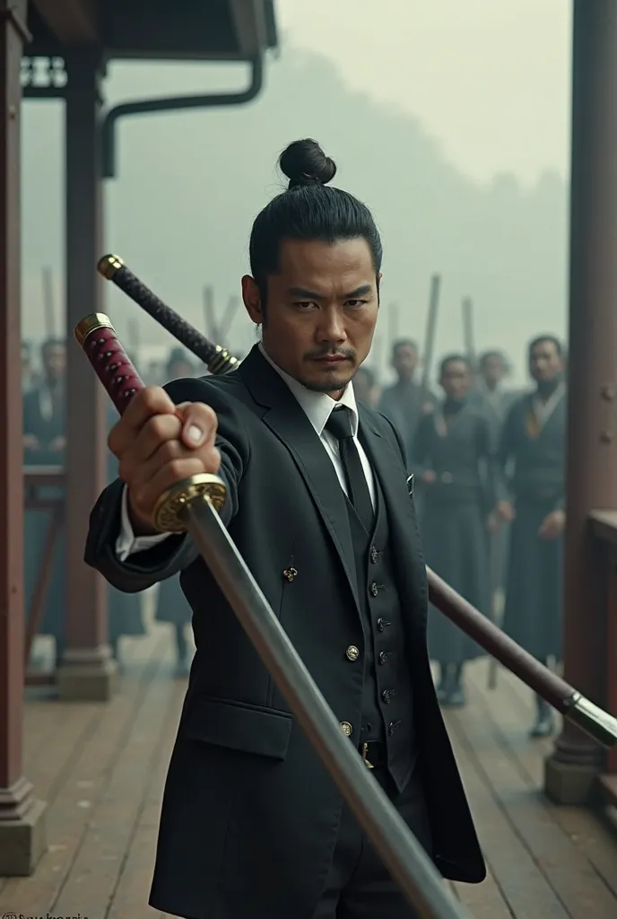 Modern gentleman with a Japanese sword to shoulder a one-handed porch pointing at dozens of enemies who wanted to kill him