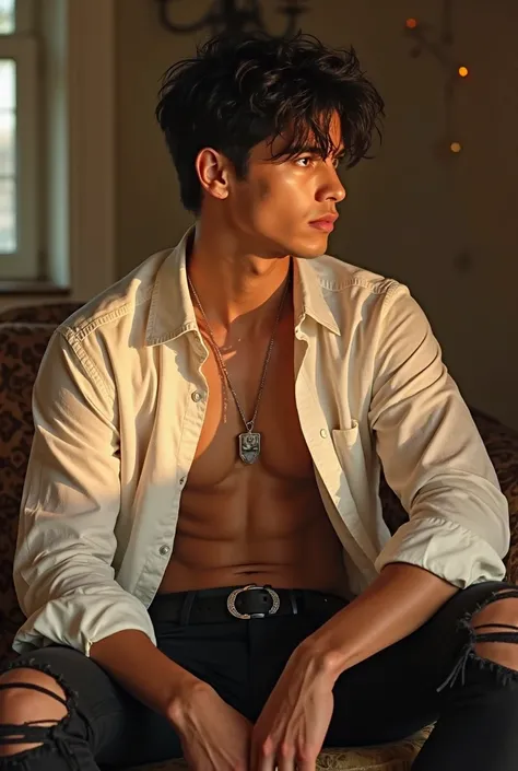 a young man with black messy hair, slightly dark skin, wearing an open white shirt, muscular physique, sitting on a couch, wearing a silver necklace and black belt, ripped black pants, looking sideways, sunlight shining on him, 18 years old,ultra-detailed,...