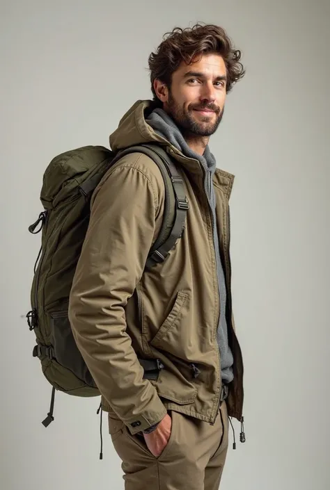 handsome male tourist with hiking backpack studio photo