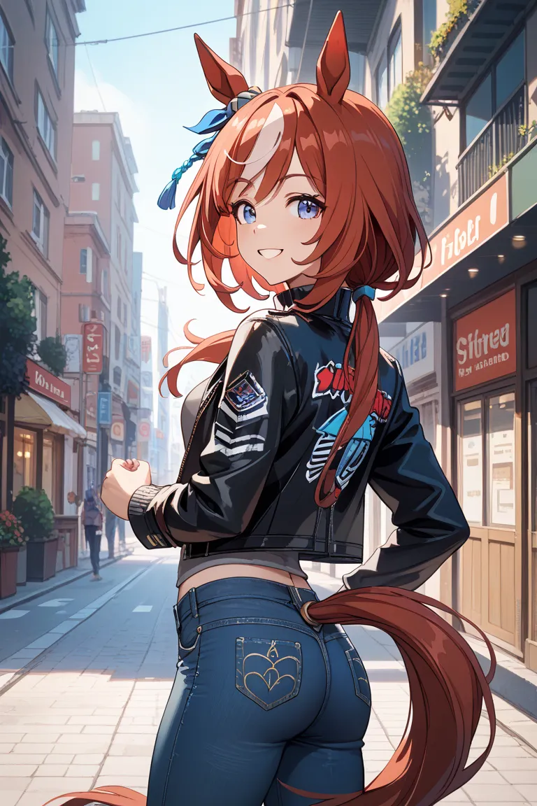 back shot,
(umamusume),
1girl,solo,
horse ears, 
horse ears, 
horse tail, 
low ponytail, 
deep red hair, 
ornament,
small tits,
smile,look back,
black denim jacket,
grey turtleneck,
black skinny jeans,
black low cut boots,
street,