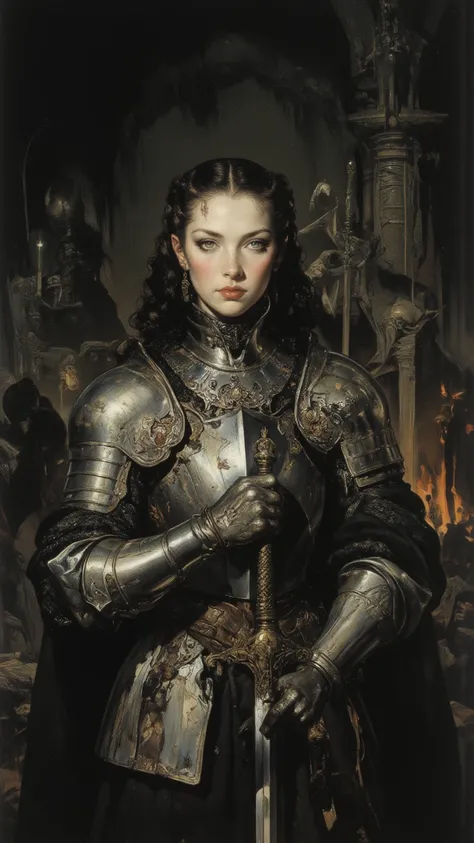 Medieval female knight, full body， gothic background ，Joel Robinson's style,   Oliver Singer, Ansolo's masterpiece, super detailed fantasy character,  high accuracy , fear!  high accuracy, 
