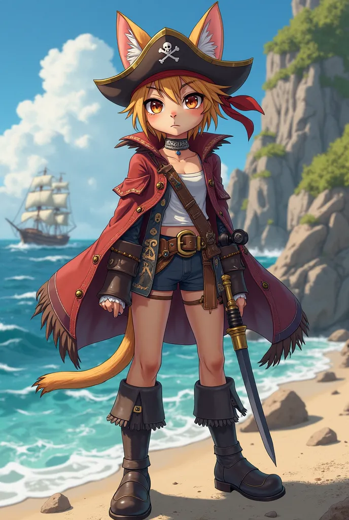 Create the image of a human being with cat ears and fur wearing pirate clothing and a rogue style in an anime art style