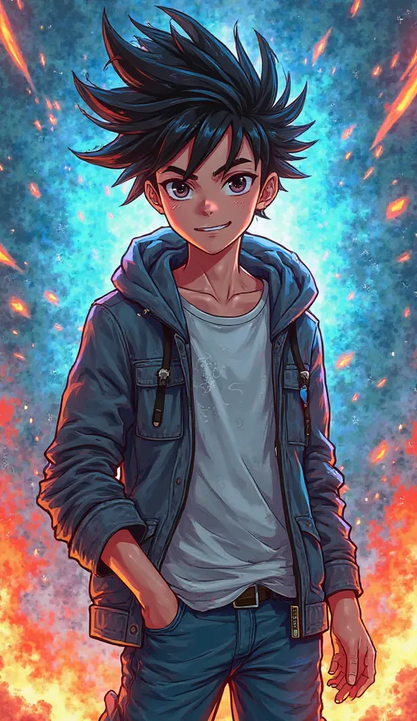 Design an anime boy full of energy and confidence, radiating a bold attitude. He has a playful smirk on his face, with sharp, focused eyes that show he's always one step ahead. His hair is spiky and dynamic, as if caught in mid-movement, adding to his ener...