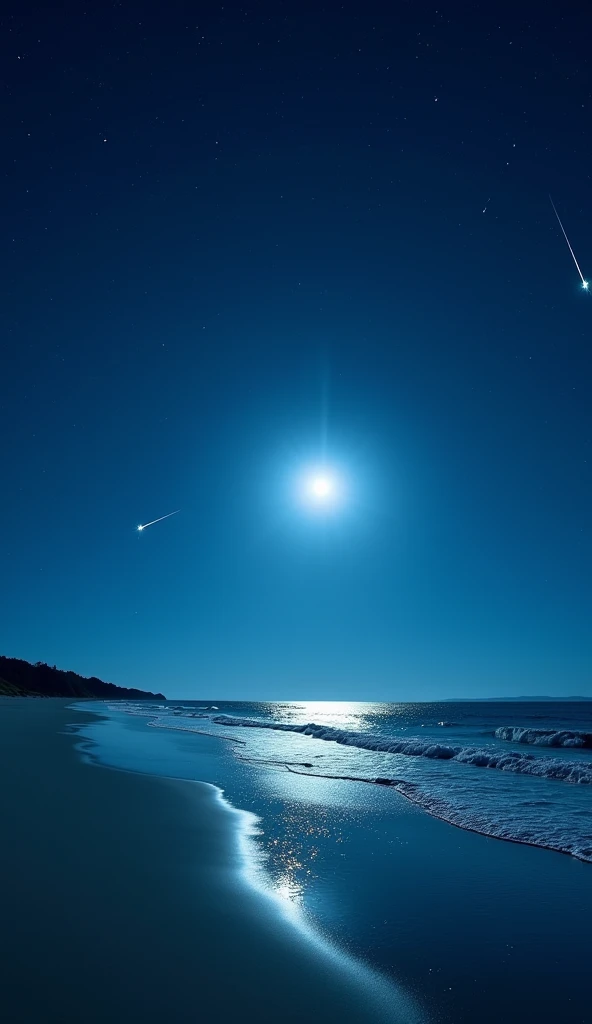 Imagine a deserted beach under the silver light of a full blue moon, gently reflecting on the calm waves of the sea. The horizon glows with an ethereal hue, where sky and ocean seem to merge in a mesmerizing spectacle. A soft breeze carries the sound of wa...