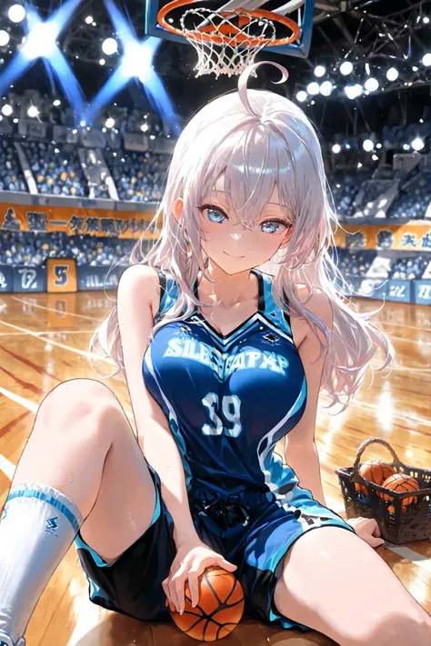 ((Alisa mikhailovna)), sitting on basketball wooden floor, folding legs, white hair, blue eyes, pick up the basket ball in his one hand, and one hand on the floor for balance support, she takes black basketball shorts dress, giving a cute smile, Beutiful, ...