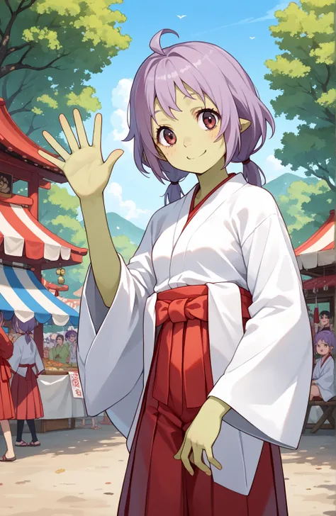 score_9, score_8_up, score_7_up, score_6_up, source_anime, 1girl, solo, Haruna,  tsharuna, green skin, (miko clothes, red hakama and white yukata), small breasts, waving, looking at you, smile, blue sky, trees, festival, outdoors 