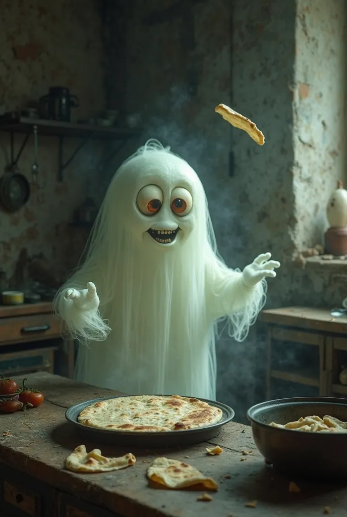 A spooky but friendly ghost in an old abandoned kitchen, making chapatis (flatbreads). The ghost has a slightly glowing, white translucent body, big round eyes, and a mischievous but kind smile. It is flipping a chapati in the air. The setting is dimly lit...