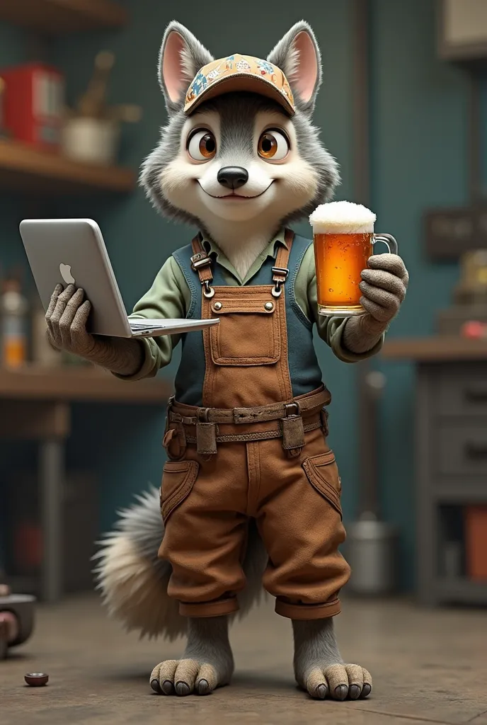 Wolf with human posture animated on his left hand a laptop and on his right leg a beer glass crowns with the costume of a mechanic 