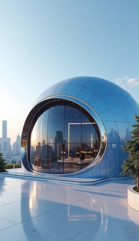 The exterior of a futuristic cafe。This is a zero gravity cafe。A very large dome-shaped building made with cutting-edge technology。Made with a budget of 300 million yen。Luxurious exterior with a glossy finish in blue and white。There is a mark indicating zer...