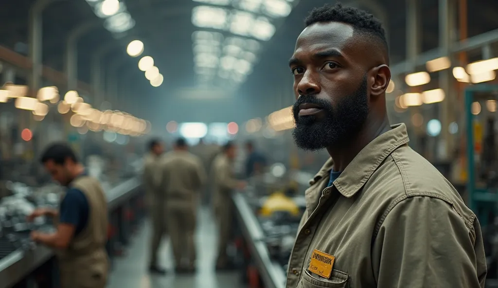 A realistic scene inside an industrial factory specializing in automotive parts. A Black man in his late 30s, with a neatly trimmed beard starting to grow out, wearing a worn-out worker’s uniform with a simple name tag, blending in with other employees. Th...