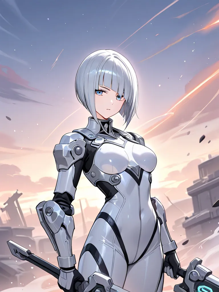  girls on the left　Silver bob haircut　 white bodysuit　Body Armor　A mechanical sword that was wrecked and unusable