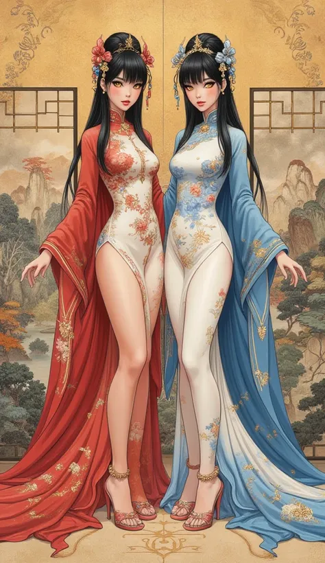 Detailed proportions and textures and multi-color with airbrushed brush strokes that presents a semi-realistic illustration in Chinese ink a gemini twins (full and slender body, with shy pose, playful look, bright yellow eyes, defined eyebrows, long eyelas...