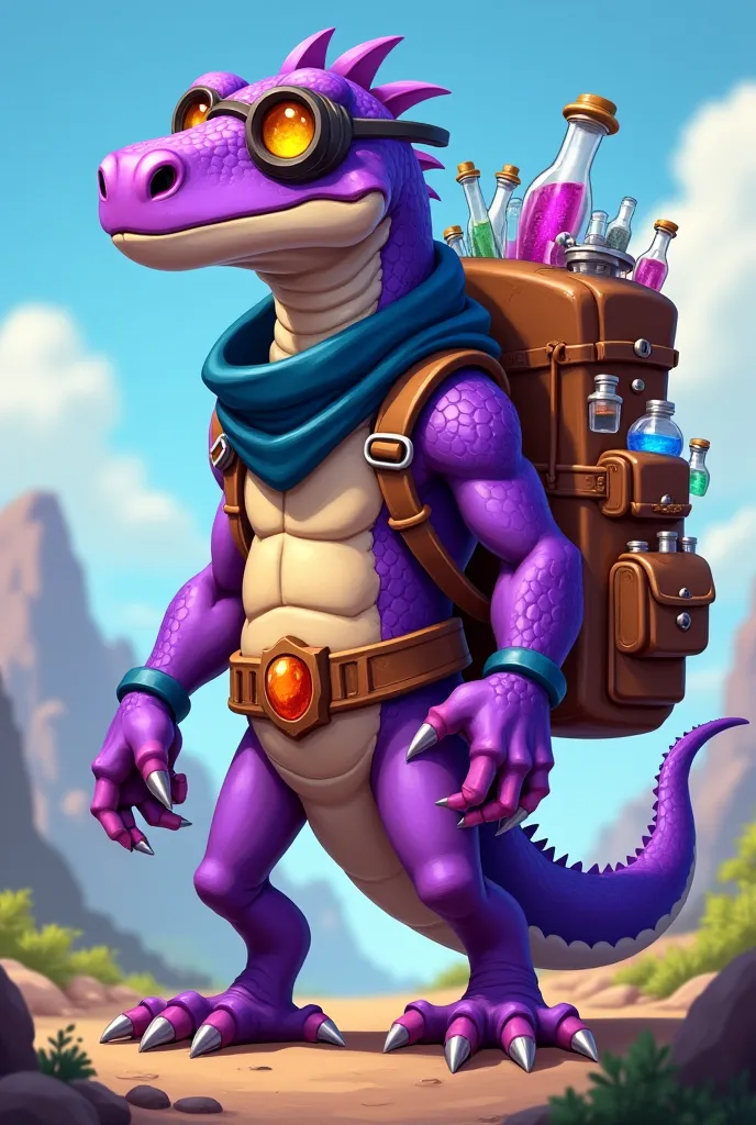 A young mature purple lizardman with dark blue scarf wearing backpack full potions wearing alchemist goggles wearing a belt that has a orange gem on the belt.2d artstyle 