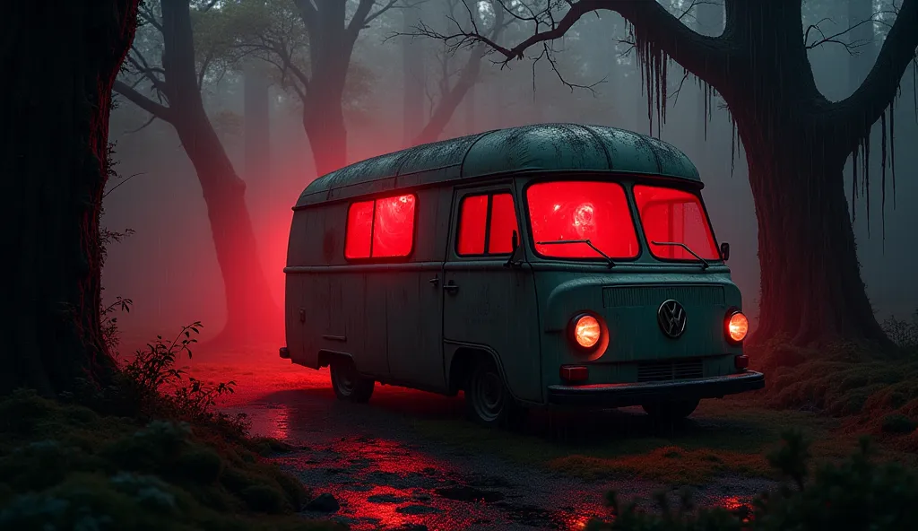 camper van in creepy forest Red light in and around the car night time with raining 