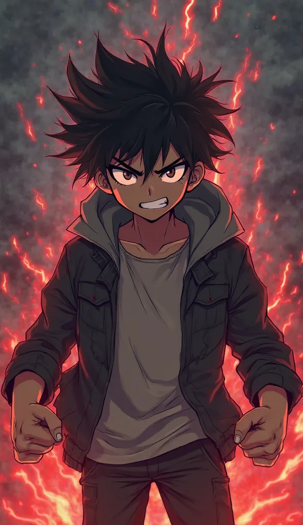 Design an anime boy with a fierce, angry expression, radiating intense energy and attitude. His eyes are narrowed in anger, with a sharp glare that shows he's not backing down from anything. His hair is wild and messy, adding to the raw intensity of his lo...