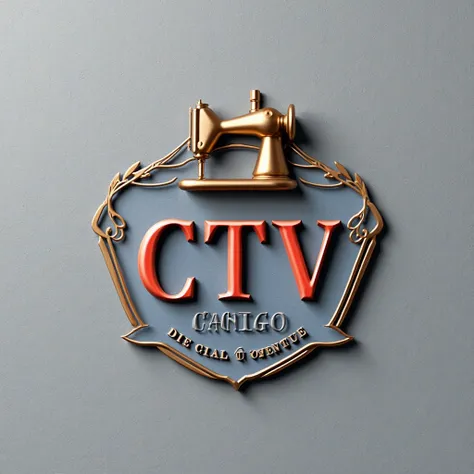 A 2d centered logo design on a gray wall featuring the initials 'CTV' in bold uppercase letters, colored in dark red The slogan 'CANTINHO DA TCHALIWA VICENTE' is beneath the initials in matching blue. Surrounding the design is a thin, cone-shaped outline r...