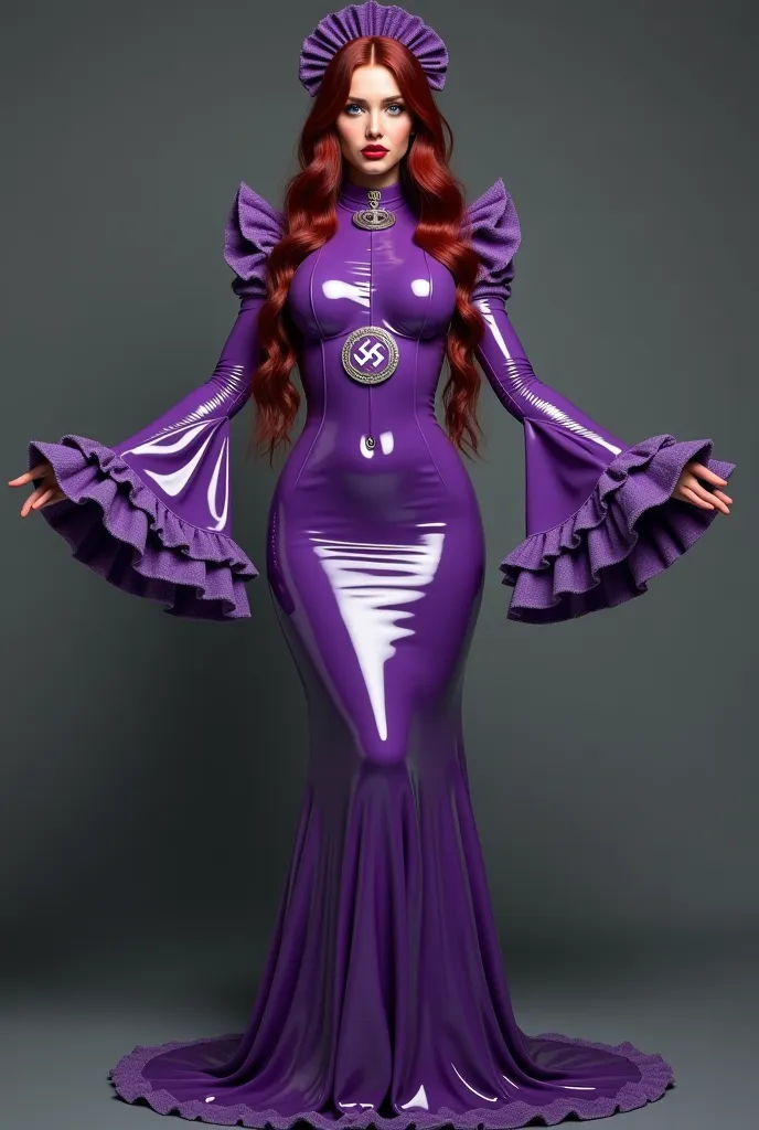 A realistic picture of the whole body from head to foot {x} must include the entire costume，a young Russian woman standing，190 cm high ， big  but thin waist ， Burgundy hair ，Extra long hair to the waist ，(purple latex maid costume)、((purple latex long dres...