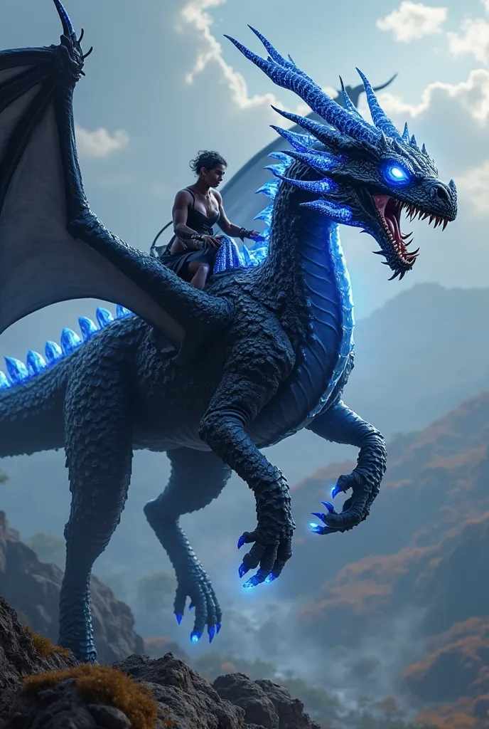 Black dragon with blue sparkles,  eyes completely white and bright, claws and long horns in electric blue, fierce, big,  impressive,  Realistic. That there is room on the back for a rider. The dragon is flying over a landscape,  side view