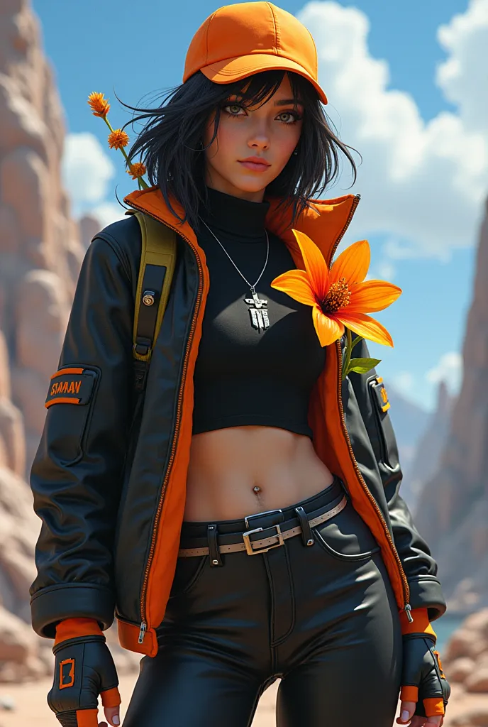 Create a character with an orange cap in black clothes with a flower like a character from Free Fire