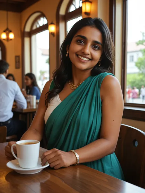 Girl , Indian , medium brests , saree , cafe , candid , not looking into camera , smiling , doing something