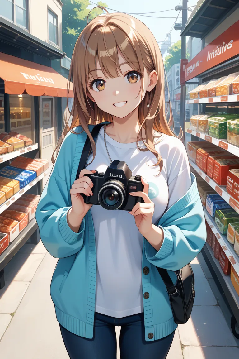 1 girl, Japanese, 20 years old, long T-shirt, cardigan, natural light, front view, brown hair, long hair, double eyelids, perfect body, shiny skin, looking at camera, smile, shopping,kawaii,anime,nijigen