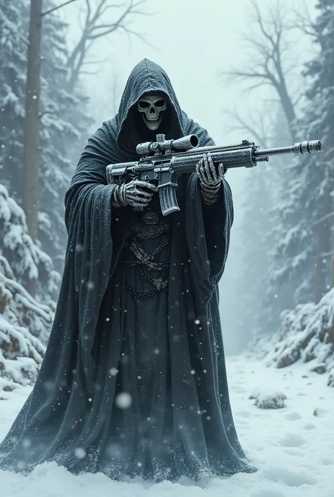 Make an image mixing grim reaper and an elite Russian sniper in a frosty setting and hitting close to the face