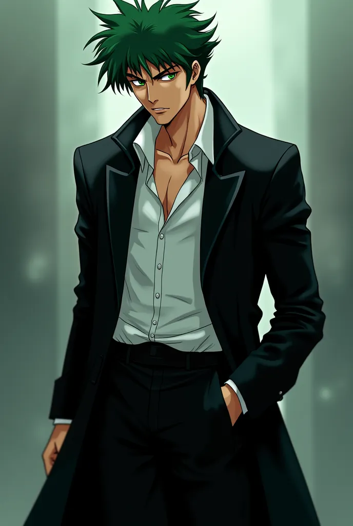 In a stylish position,Spike Spiegel anime character, Black in colour cout and pant, white in colour shirt, angry face