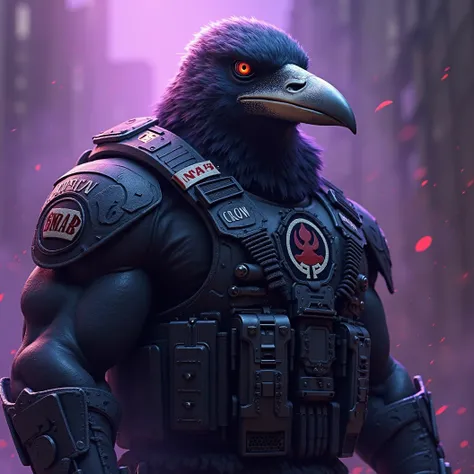 Special forces emblem. Include a muscular spec ops Crow. Include the name "MAB" on a special forces patch on uniform. Mean looking. Include the name "Crow" on armor. Mean look on his face. Sinister, smug smirk. Shining Silver beak. Glowing purple light, st...