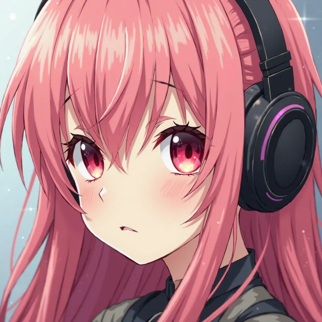 Portrait of a woman, anime, who gives us on half of her face with very long pink hair, very red eyes, soothed face, charismatic and beautiful, innocent unhappy, on her face. She gives us on half of her face by highlighting her red eyes, wear a music headph...