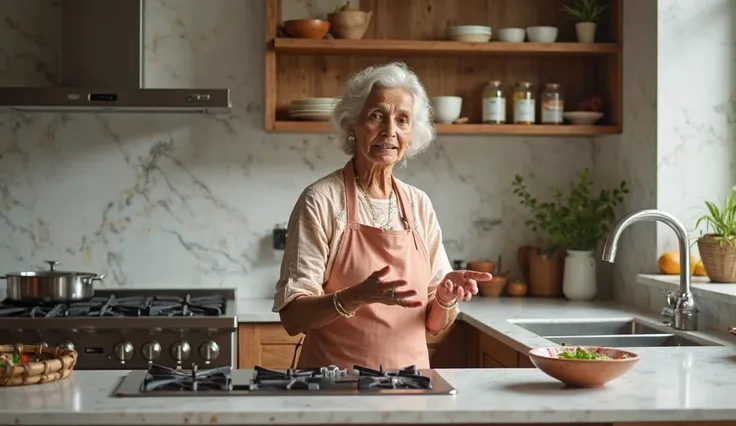 "A 70-year-old standing in a beautifully designed modern kitchen. She is a chef influencer, confidently explaining a recipe while looking at the camera and a stylish apron over her sari. . She is standing near a modern gas stove with a pot or pan on it, ac...