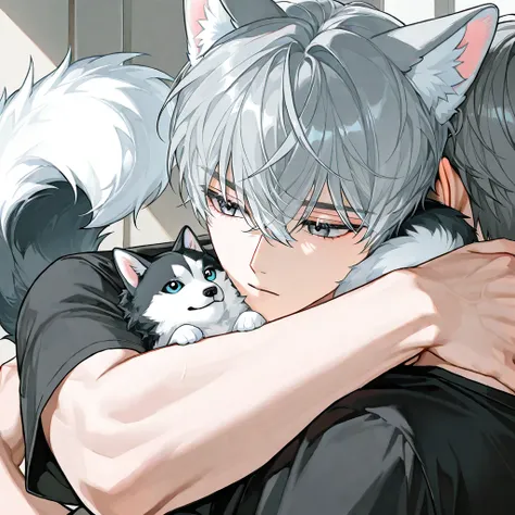 4k , 8k , (only 1 male as a dog man short comma dark grey hair) , ((eye is blue)) , short hair style , (He had dog man ears and a tail) , (black and white siberian husky ears and tail) , novel , manhwa , handsome man , very details , hair details , very an...